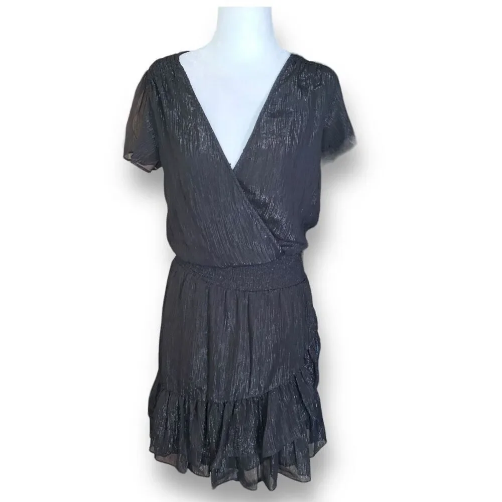 Michael Kors Dress‎ Faux Wrap Black Metallic Shimmer Asymmetrical Ruffle Sheer